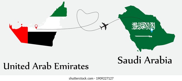 Airplane transport from United Arab Emirates to Saudi Arabia. Concept a good tour travel and business of both country. And flags symbol on maps. EPS.file.