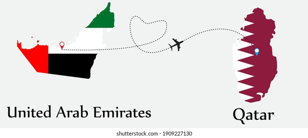 Airplane transport from United Arab Emirates to Qatar. Concept a good tour travel and business of both country. And flags symbol on maps. EPS.file.