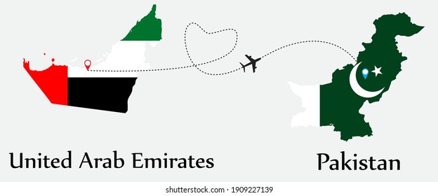 Airplane transport from United Arab Emirates to Pakistan. Concept a good tour travel and business of both country. And flags symbol on maps. EPS.file.