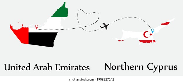 Airplane transport from United Arab Emirates to Northern Cyprus. Concept a good tour travel and business of both country. And flags symbol on maps. EPS.file.