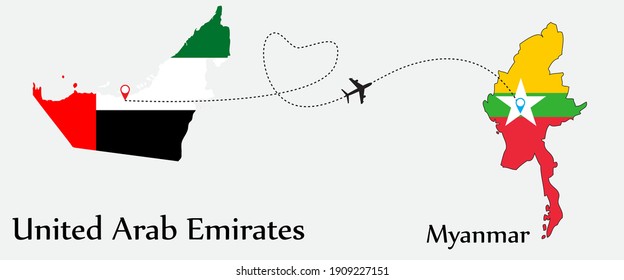 Airplane transport from United Arab Emirates to Myanmar. Concept a good tour travel and business of both country. And flags symbol on maps. EPS.file.