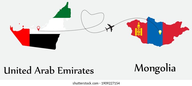 Airplane transport from United Arab Emirates to Mongolia. Concept a good tour travel and business of both country. And flags symbol on maps. EPS.file.
