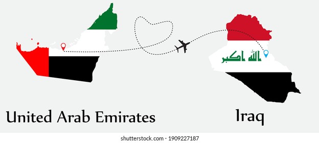 Airplane transport from United Arab Emirates to Iraq. Concept a good tour travel and business of both country. And flags symbol on maps. EPS.file.