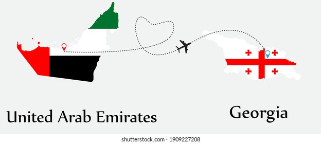 Airplane transport from United Arab Emirates to Georgia. Concept a good tour travel and business of both country. And flags symbol on maps. EPS.file.