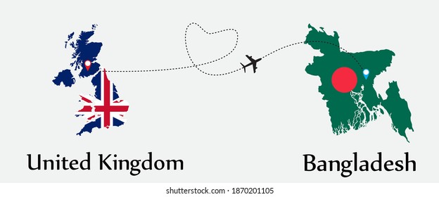 Airplane transport from United Kingdom to Bangladesh. Concept a good tour travel and business of both country. EPS.file.