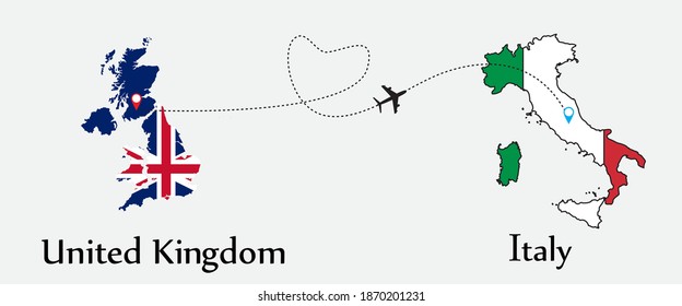 Airplane transport from United Kingdom to Italy. Concept a good tour travel and business of both country. EPS.file.
