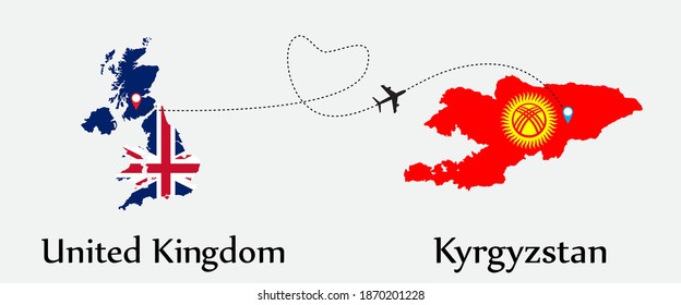 Airplane transport from United Kingdom to Kyrgyzstan. Concept a good tour travel and business of both country. EPS.file.