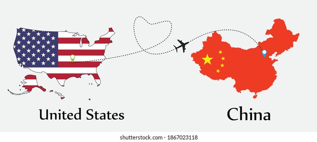 Transporte aéreo de Estados Unidos a China. Concepto un buen viaje turístico y de negocios de ambos países.