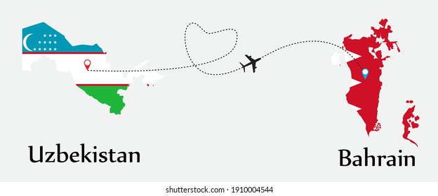 Airplane transport from Uzbekistan to Bahrain. Concept a good tour travel and business of both country. And flags symbol on maps. EPS.file.