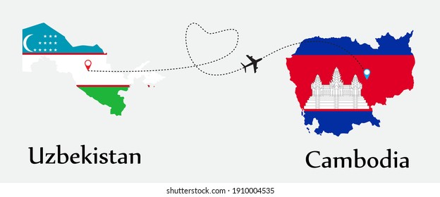 Airplane transport from Uzbekistan to Cambodia. Concept a good tour travel and business of both country. And flags symbol on maps. EPS.file.