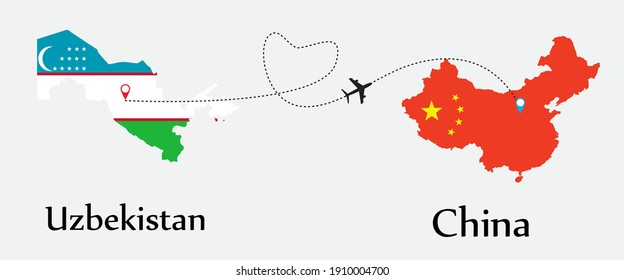 Airplane transport from Uzbekistan to China. Concept a good tour travel and business of both country. And flags symbol on maps. EPS.file.