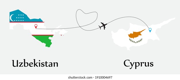 Airplane transport from Uzbekistan to Cyprus. Concept a good tour travel and business of both country. And flags symbol on maps. EPS.file.