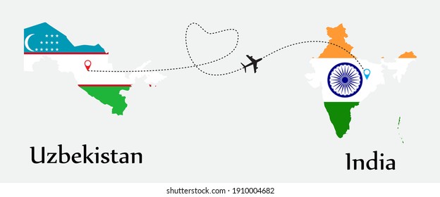 Airplane transport from Uzbekistan to India. Concept a good tour travel and business of both country. And flags symbol on maps. EPS.file.