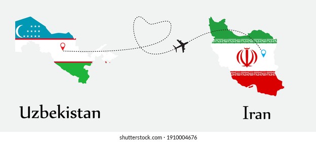 Airplane transport from Uzbekistan to Iran. Concept a good tour travel and business of both country. And flags symbol on maps. EPS.file.