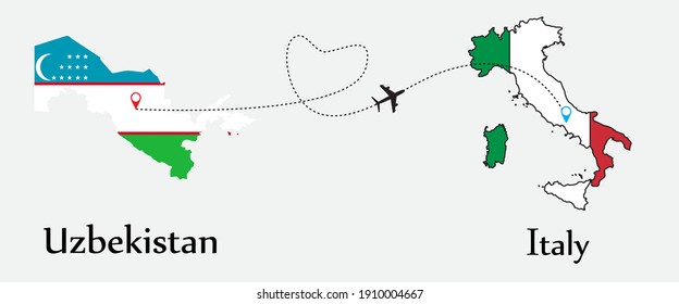Airplane transport from Uzbekistan to Italy. Concept a good tour travel and business of both country. And flags symbol on maps. EPS.file.