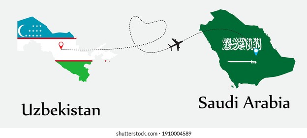 Airplane transport from Uzbekistan to Saudi Arabia. Concept a good tour travel and business of both country. And flags symbol on maps. EPS.file.