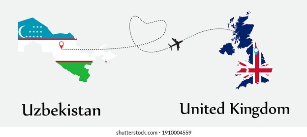 Airplane transport from Uzbekistan to United Kingdom. Concept a good tour travel and business of both country. And flags symbol on maps. EPS.file.
