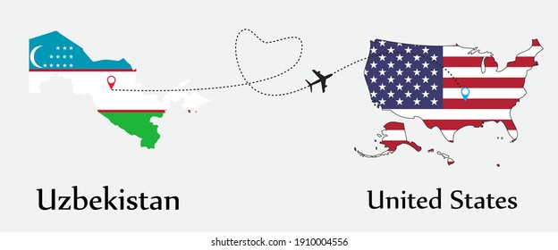 Airplane transport from Uzbekistan to United States. Concept a good tour travel and business of both country. And flags symbol on maps. EPS.file.
