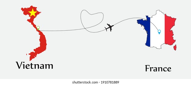 Airplane transport from Vietnam to France. Concept a good tour travel and business of both country. And flags symbol on maps. EPS.file.