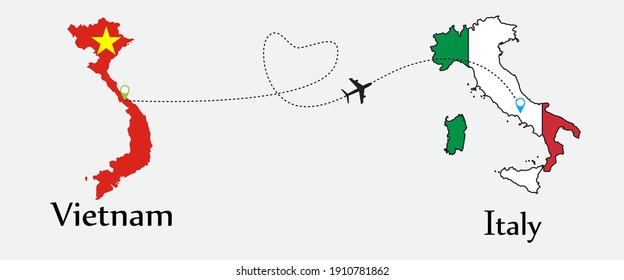 Airplane transport from Vietnam to Italy. Concept a good tour travel and business of both country. And flags symbol on maps. EPS.file.