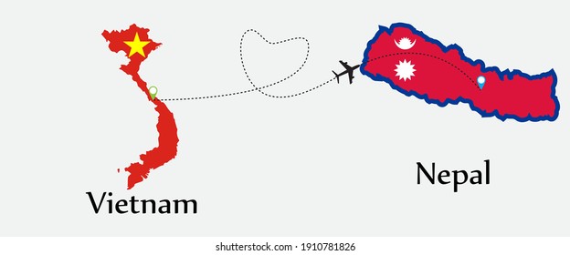 Airplane transport from Vietnam to Nepal. Concept a good tour travel and business of both country. And flags symbol on maps. EPS.file.