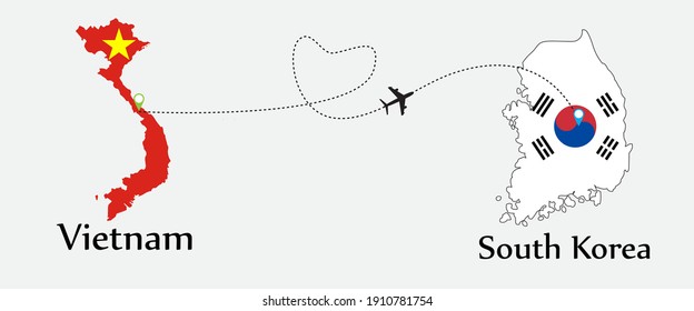 Transporte aéreo de Vietnam a Corea del Sur. Concepto un buen viaje turístico y de negocios de ambos países. Y símbolo de banderas en los mapas. EPS.file.