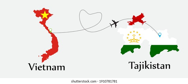 Airplane transport from Vietnam to Tajikistan. Concept a good tour travel and business of both country. And flags symbol on maps. EPS.file.