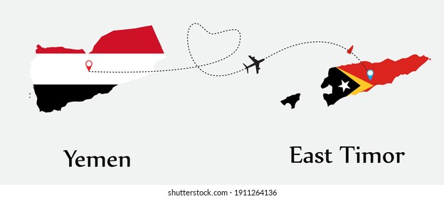 Airplane transport from Yemen to East Timor. Concept a good tour travel and business of both country. And flags symbol on maps. EPS.file.