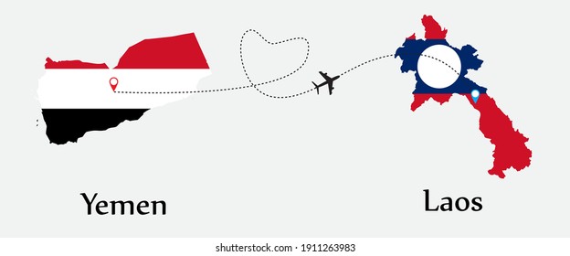 Airplane transport from Yemen to Laos. Concept a good tour travel and business of both country. And flags symbol on maps. EPS.file.