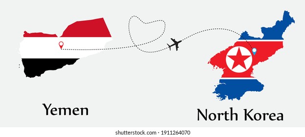 Airplane transport from Yemen to North Korea. Concept a good tour travel and business of both country. And flags symbol on maps. EPS.file.