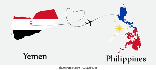 Airplane transport from Yemen to Philippines. Concept a good tour travel and business of both country. And flags symbol on maps. EPS.file.