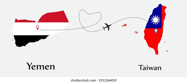 Airplane transport from Yemen to Taiwan. Concept a good tour travel and business of both country. And flags symbol on maps. EPS.file.