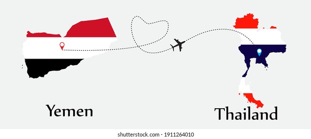 Airplane transport from Yemen to Thailand. Concept a good tour travel and business of both country. And flags symbol on maps. EPS.file.