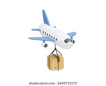 Airplane transporting a package icon 3d render. Air cargo icon 3d render illustration