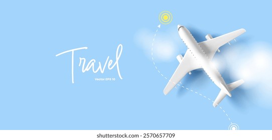 Airplane travel. 3D white airplane on a background of blue sky and clouds. Travel map and destination. For concepts of tourist air flights, buying tickets, vacations, and business trips.