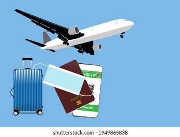 Airplane travel after covid-19 vaccination with health passport. Illustration of facemask, travel bag, passport and digital vaccine passport identification in mobile phone.