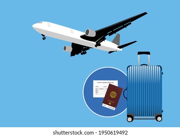 Airplane travel after covid-19 vaccination with health passport. Vector illustration of airplane, travel luggage, passport and vaccination card.