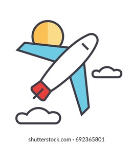 Airplane, travel, aircraft, fly, flight concept. Line vector icon. Editable stroke. Flat linear illustration isolated on white background