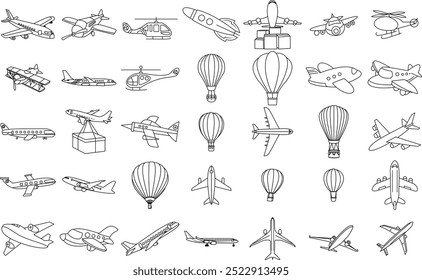 Avião- Aviação de viagem, avião privado e companhias aéreas. Traço editável de arte de Linha fina.