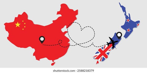 Airplane travel from China to New Zealand concept. Flags symbol on maps in vector format