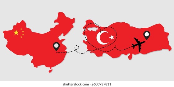 Airplane travel from China to Turkey concept. Flags symbol on maps in vector format