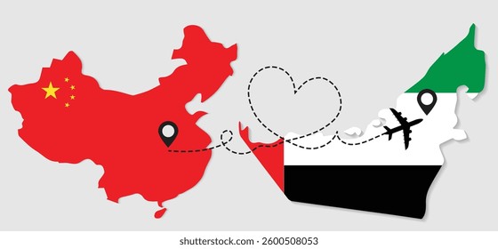 Airplane travel from China to UAE concept. Flags symbol on maps in vector format
