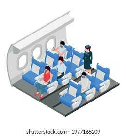 Airplane Travel Class Section Interior Isometric View With Passengers In Their Seats Standing Flight Attendant Vector Illustration