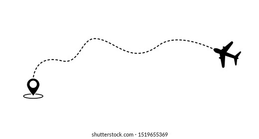 Airplane travel concept with GPS points and dotted route line icon. Flight end point travel destination. Aircrafts and map pointer symbols vector illustration. Symbol for a tourist trip and tourism
