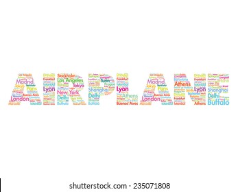 AIRPLANE travel concept made with words cities names, vector collage