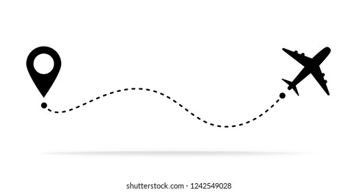 Airplane travel concept with map pins, GPS points. Line path icon. Flight start point concept or theme. Aircrafts and map pointer symbols vector illustration