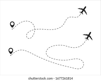 Airplane travel concept with map pins, GPS points. Airplane line path vector icon of air plane flight route with start point and dash line trace.