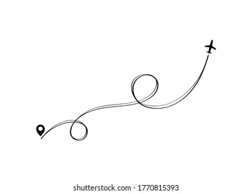 Airplane travel concept with map pins, GPS points. Flight start point concept or theme. Aircrafts and map pointer symbols vector illustration.
