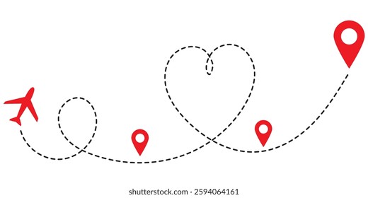 Airplane travel concept with map pins, GPS points. Line path icon. Flight start point concept or theme. Aircrafts and map pointer symbols vector illustration