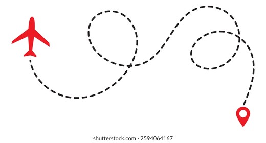 Airplane travel concept with map pins, GPS points. Line path icon. Flight start point concept or theme. Aircrafts and map pointer symbols vector illustration